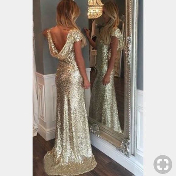 Gold draped back mermaid prom dress - Picture 3 of 8